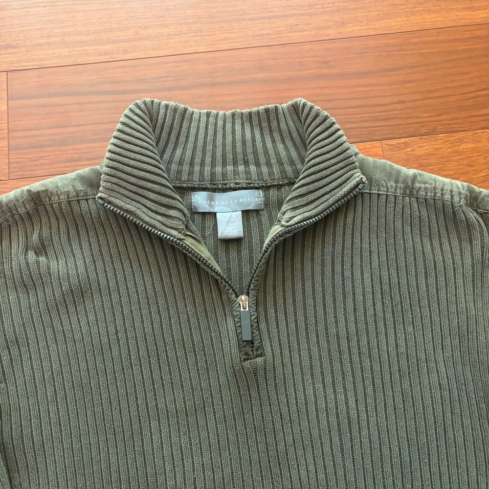 Oscar de la Renta Mens Quarter Zip Ribbed Cotton Sweater Olive Green Small